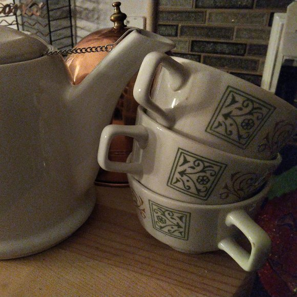 Exc Vtg Teapot w.copper thermal cover tea steeper 3 Homer Laughlin teacups bonus - Picture 11 of 14
